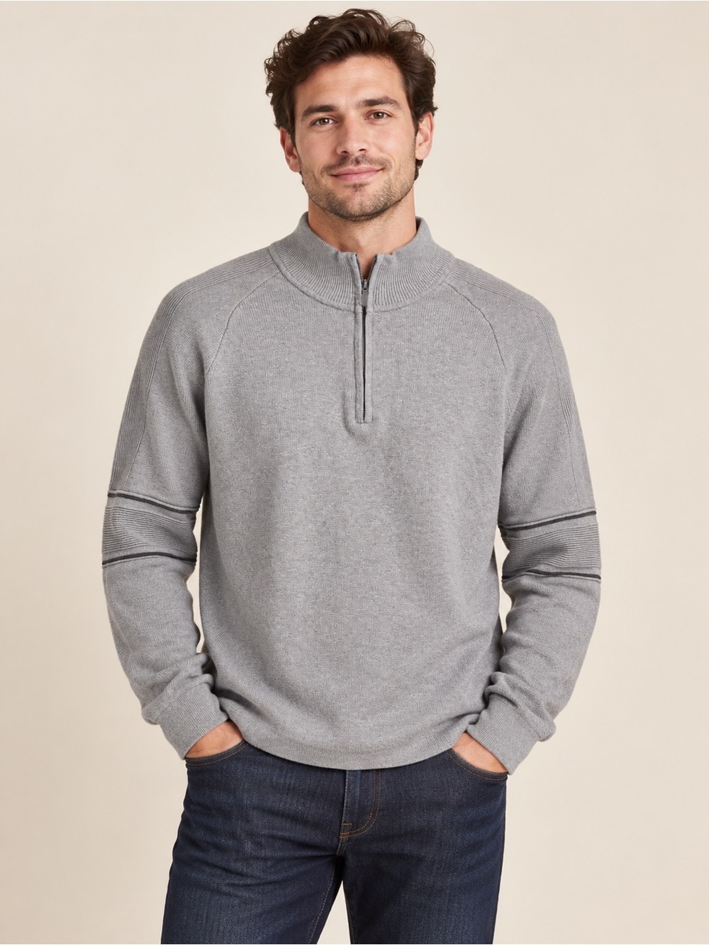 Eddie Bauer Men's Light Gray Quarter-Zip Pullover Sweater Large